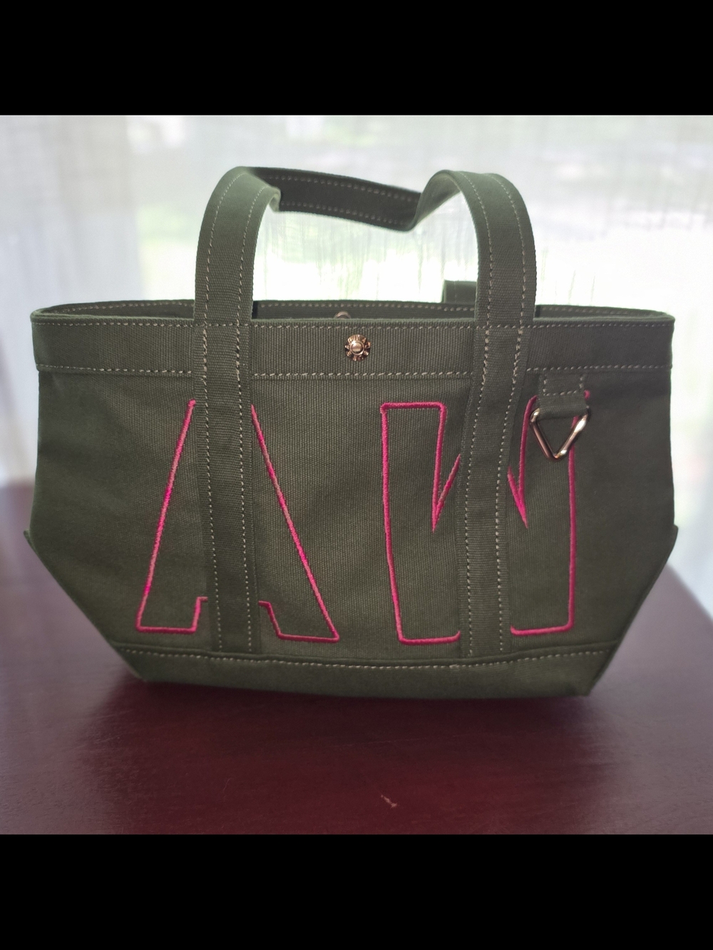 BaubleBar Custom Alpha Canvas Tote Bag Olive Green Pink Monogrammed "AW"